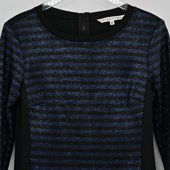 TRINA TURK‎ Dress Womens Sz 6 Metallic Black Blue Stripe Scoop Neck Mini Sweater - Picture 3 of 13